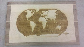 Laser engraved world map, on solid maple